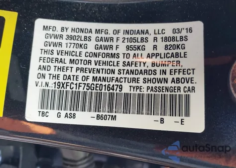 2016 Honda Civic Ex-L z USA, uszkodzony, nr VIN 19XFC1F75GE016479